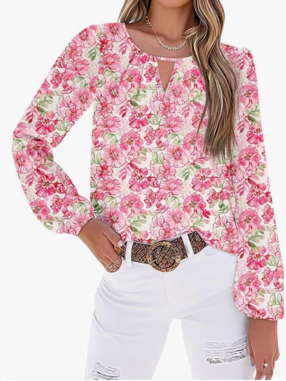 NWT SHEWIN Pink Floral Keyhole Blouse Long Sleeve Size 2XL
